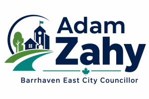 Campaign logo for Adam Zahy, featuring bold navy text with a green and teal civic community icon showing homes, a public building, a tree, a curved pathway, and a maple leaf. Subtitle reads: “Barrhaven East City Councillor.