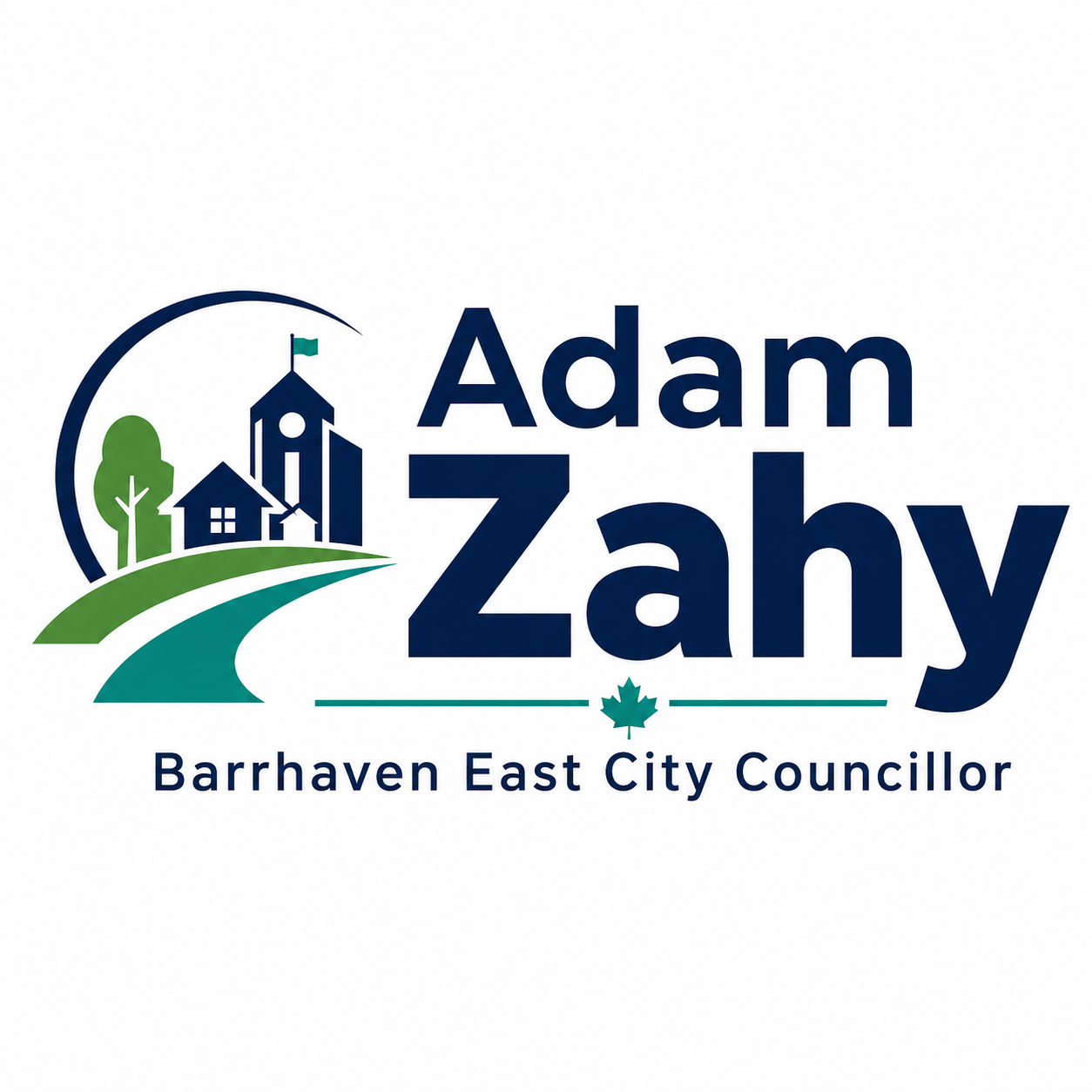 Campaign logo for Adam Zahy, featuring bold navy text with a green and teal civic community icon showing homes, a public building, a tree, a curved pathway, and a maple leaf. Subtitle reads: “Barrhaven East City Councillor.